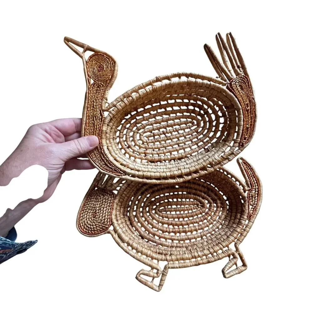Two Gullah style handmade shaped shallow woven baskets Bunny & Turkey theme